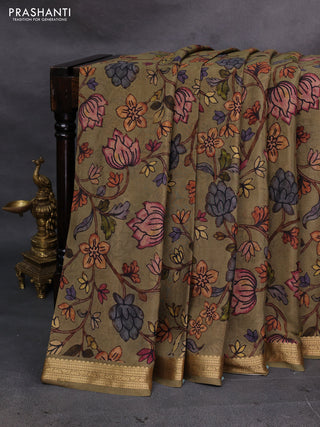 Olive Green Pure Mysore Silk - Digital Prints
