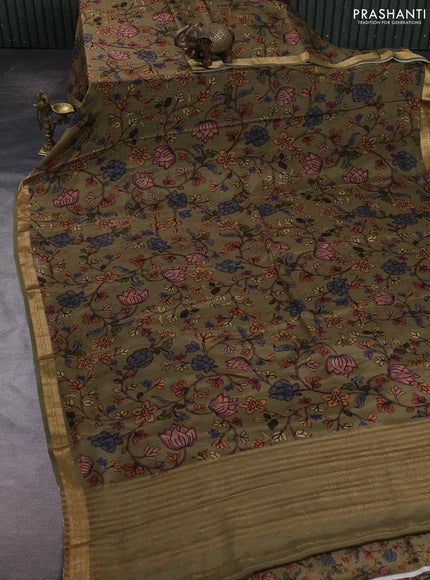 Olive Green Pure Mysore Silk - Digital Prints