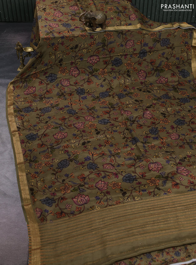 Olive Green Pure Mysore Silk - Digital Prints
