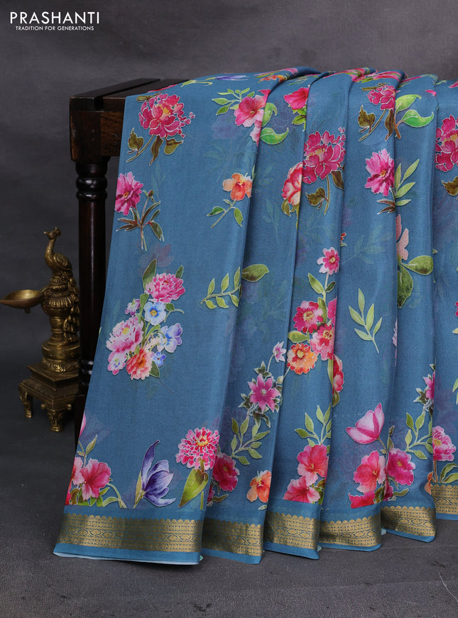 Blue Pure Mysore Silk - Digital Prints