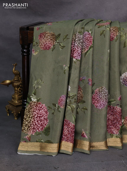 Olive Green Pure Mysore Silk - Digital Prints