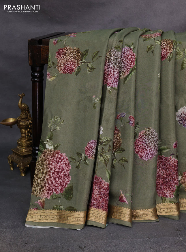 Olive Green Pure Mysore Silk - Digital Prints