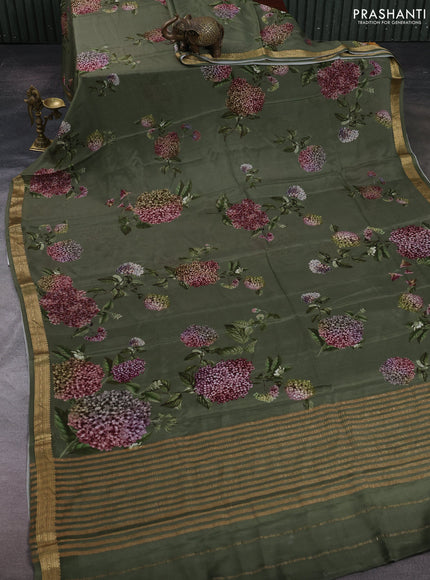 Olive Green Pure Mysore Silk - Digital Prints