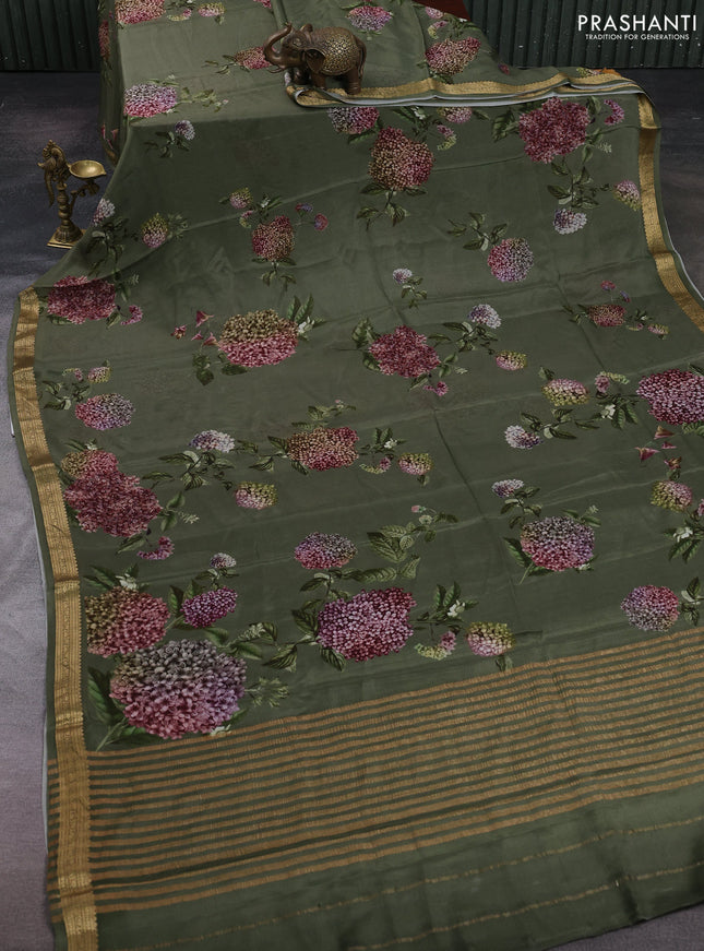 Olive Green Pure Mysore Silk - Digital Prints