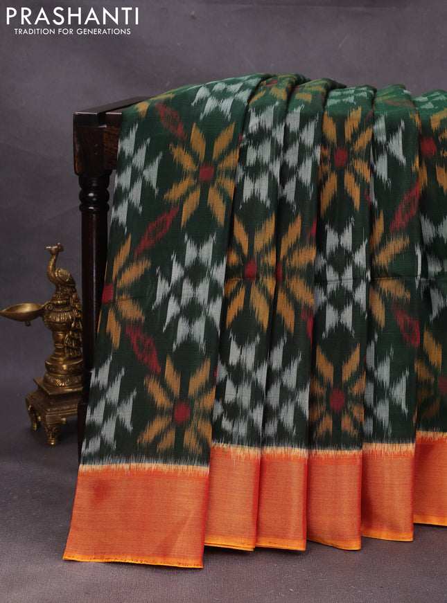 Green & Mustard Yellow Ikat Silk Cotton Saree