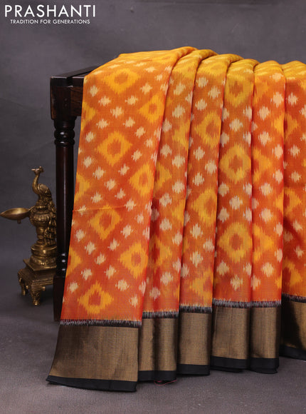 Mustard Yellow & Black Ikat Silk Cotton Saree