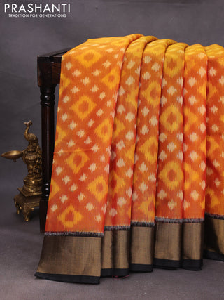 Mustard Yellow & Black Ikat Silk Cotton Saree