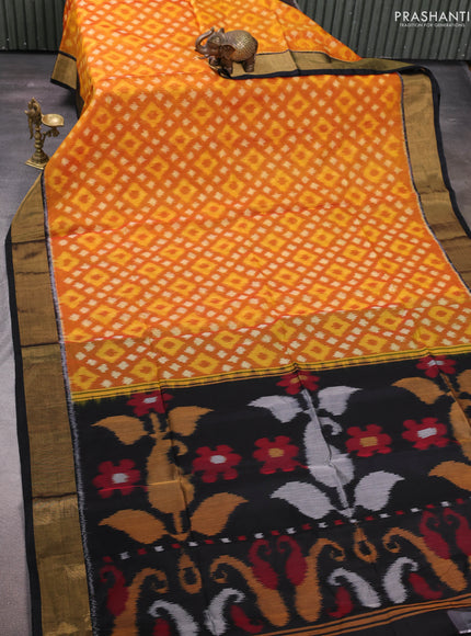 Mustard Yellow & Black Ikat Silk Cotton Saree