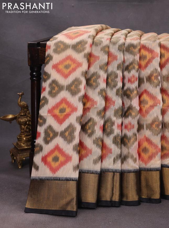 Peach & Black Ikat Silk Cotton Saree