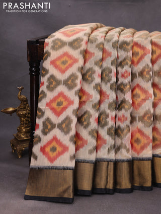 Peach & Black Ikat Silk Cotton Saree