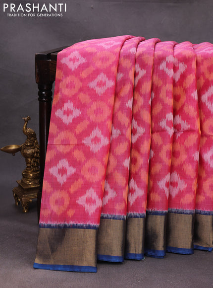 Pink & Peacock Blue Ikat Silk Cotton Saree