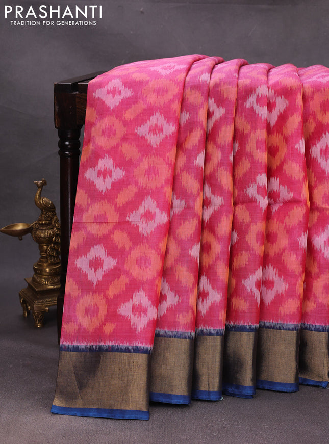 Pink & Peacock Blue Ikat Silk Cotton Saree