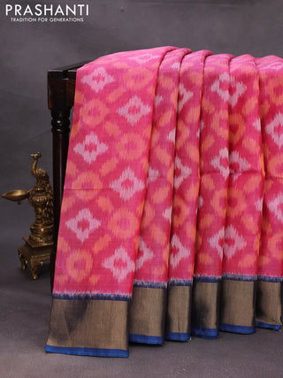 Pink & Peacock Blue Ikat Silk Cotton Saree
