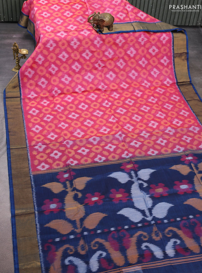 Pink & Peacock Blue Ikat Silk Cotton Saree