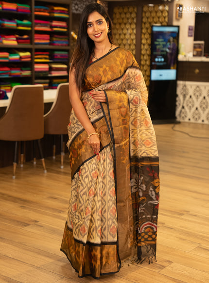 Beige & Black Ikat Silk Cotton Saree