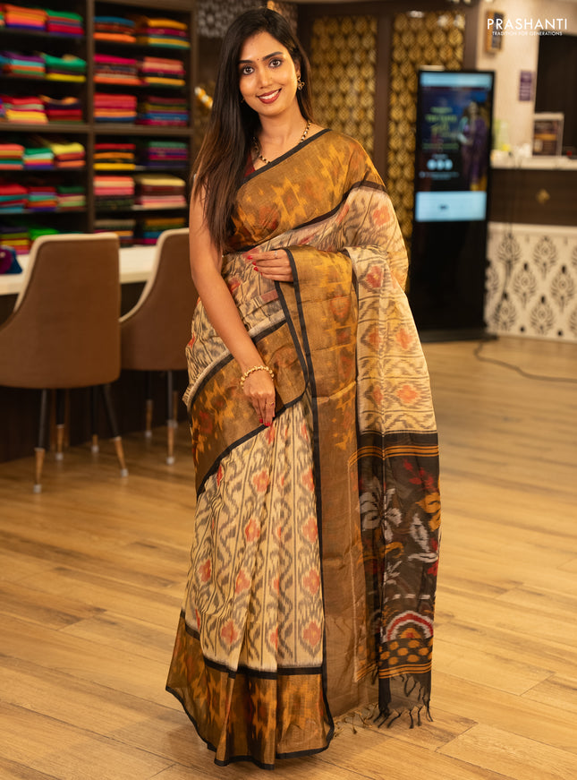 Beige & Black Ikat Silk Cotton Saree