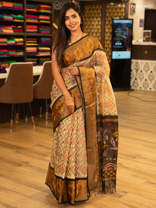 Beige & Black Ikat Silk Cotton Saree