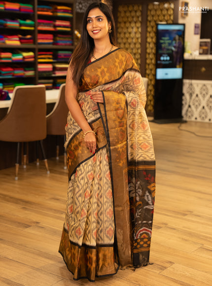 Beige & Black Ikat Silk Cotton Saree