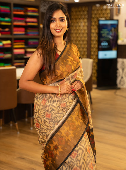 Beige & Black Ikat Silk Cotton Saree