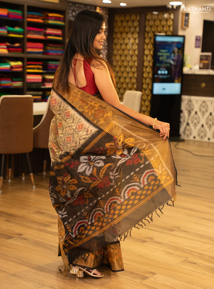 Beige & Black Ikat Silk Cotton Saree