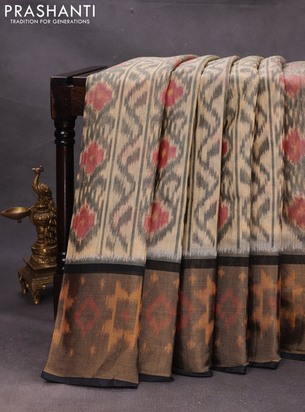 Beige & Black Ikat Silk Cotton Saree