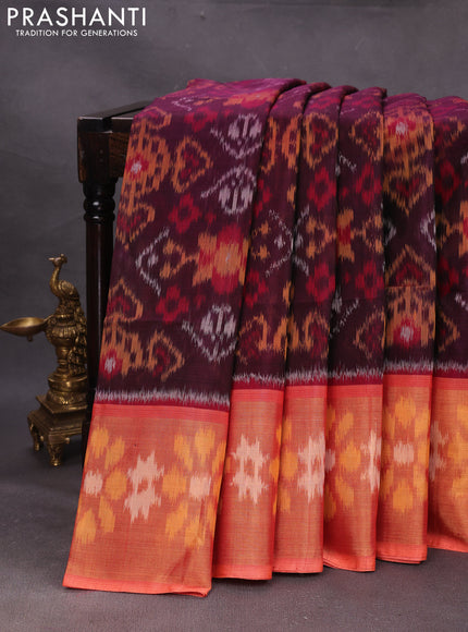 Maroon & Orange Ikat Silk Cotton Saree