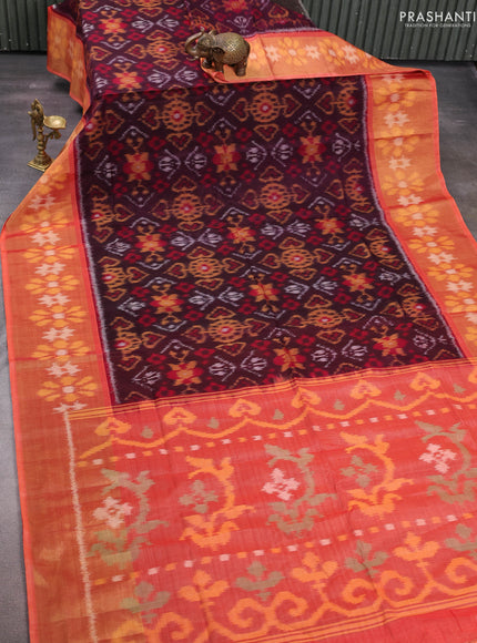 Maroon & Orange Ikat Silk Cotton Saree