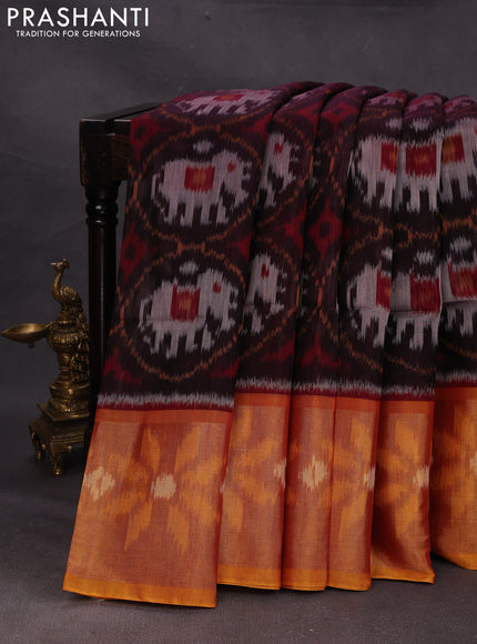 Coff Brown & Mustard Yellow Ikat Silk Cotton Saree