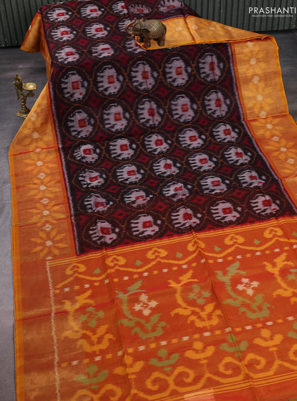 Coff Brown & Mustard Yellow Ikat Silk Cotton Saree