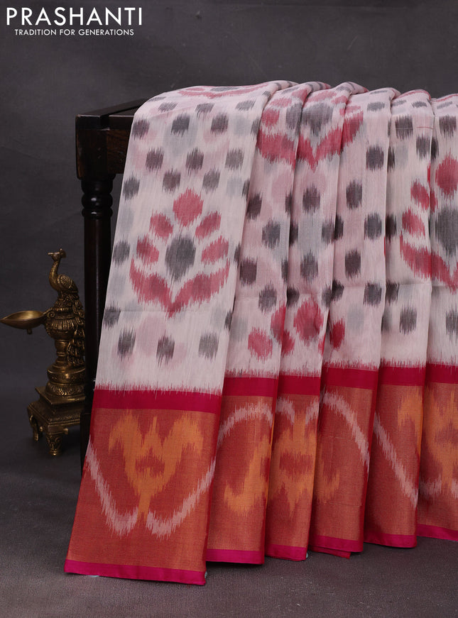 Off White & Pink Ikat Silk Cotton Saree