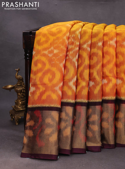 Mustard Yellow & Maroon Ikat Silk Cotton Saree