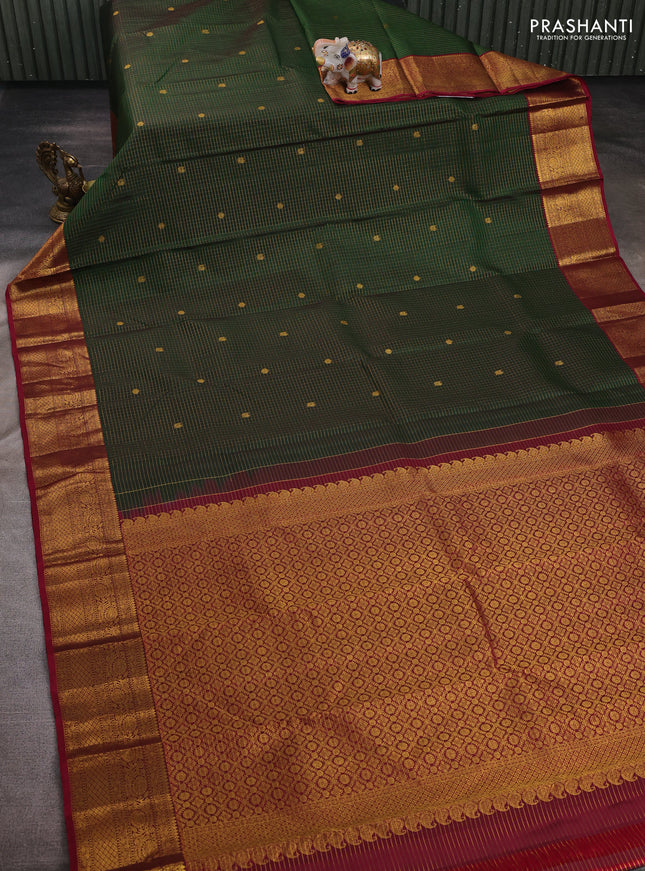 Green & Maroon Pure Kanchipuram Silk  -Checks