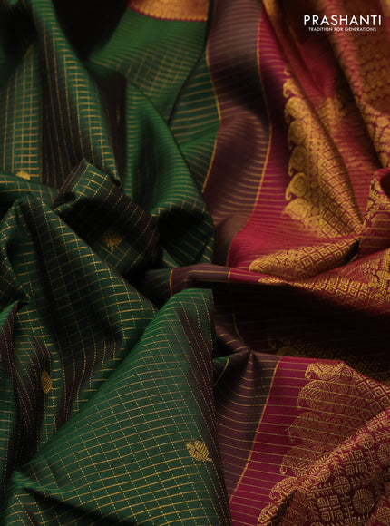 Green & Maroon Pure Kanchipuram Silk  -Checks