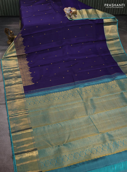 Navy Blue & Teal Green Pure Kanchipuram Silk - Buttas