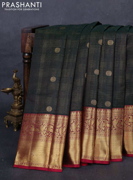 Green & Maroon Pure Kanchipuram Silk Saree - Checks