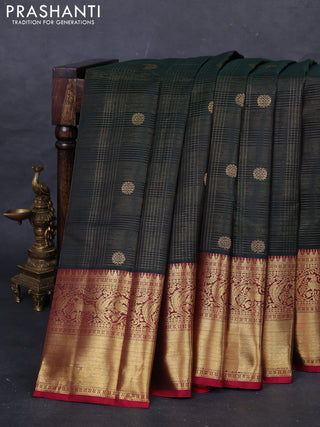 Green & Maroon Pure Kanchipuram Silk Saree - Checks