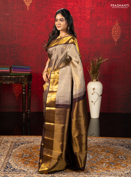 Pastel Brown & Brown Pure Kanchipuram Silk Saree -Buttas