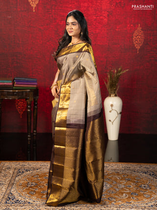 Pastel Brown & Brown Pure Kanchipuram Silk Saree -Buttas