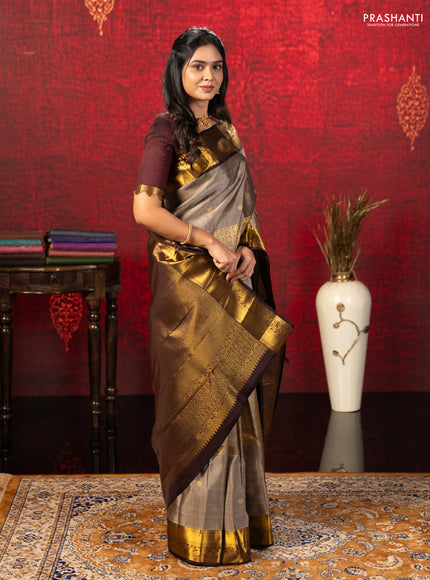 Pastel Brown & Brown Pure Kanchipuram Silk Saree -Buttas