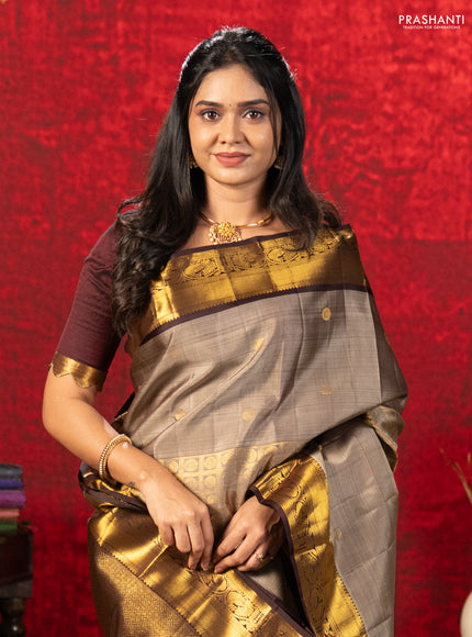 Pastel Brown & Brown Pure Kanchipuram Silk Saree -Buttas