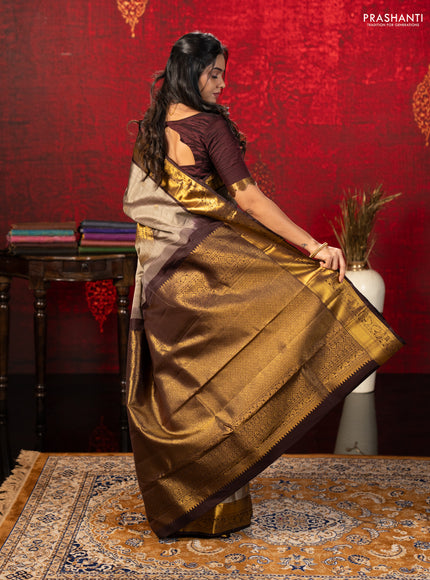 Pastel Brown & Brown Pure Kanchipuram Silk Saree -Buttas