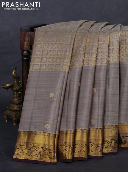 Pastel Brown & Brown Pure Kanchipuram Silk Saree -Buttas