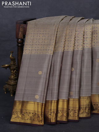 Pastel Brown & Brown Pure Kanchipuram Silk Saree -Buttas