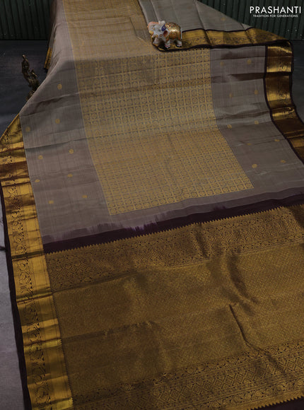 Pastel Brown & Brown Pure Kanchipuram Silk Saree -Buttas