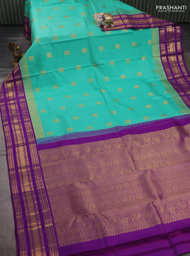 Teal Green & Purple Pure Kanchipuram Silk  -Buttas