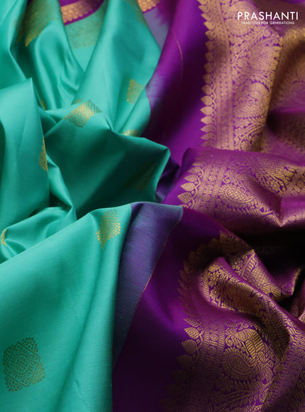 Teal Green & Purple Pure Kanchipuram Silk  -Buttas