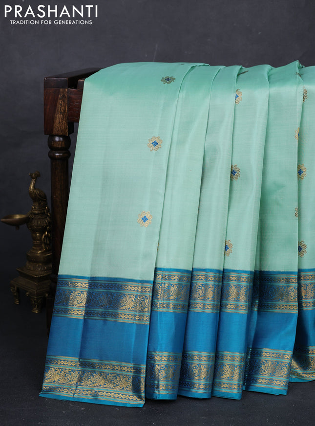 Teal Green & Teal Blue Pure Kanchipuram Silk - Buttas