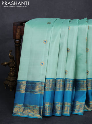 Teal Green & Teal Blue Pure Kanchipuram Silk - Buttas