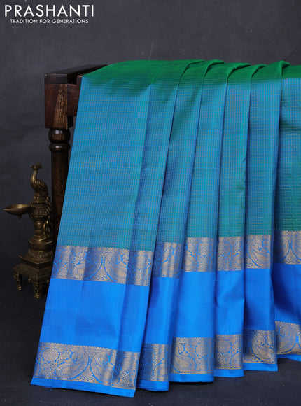 Teal Green & Cs Blue Pure Kanchipuram Silk  -Checks