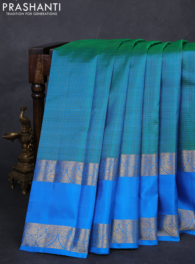 Teal Green & Cs Blue Pure Kanchipuram Silk  -Checks